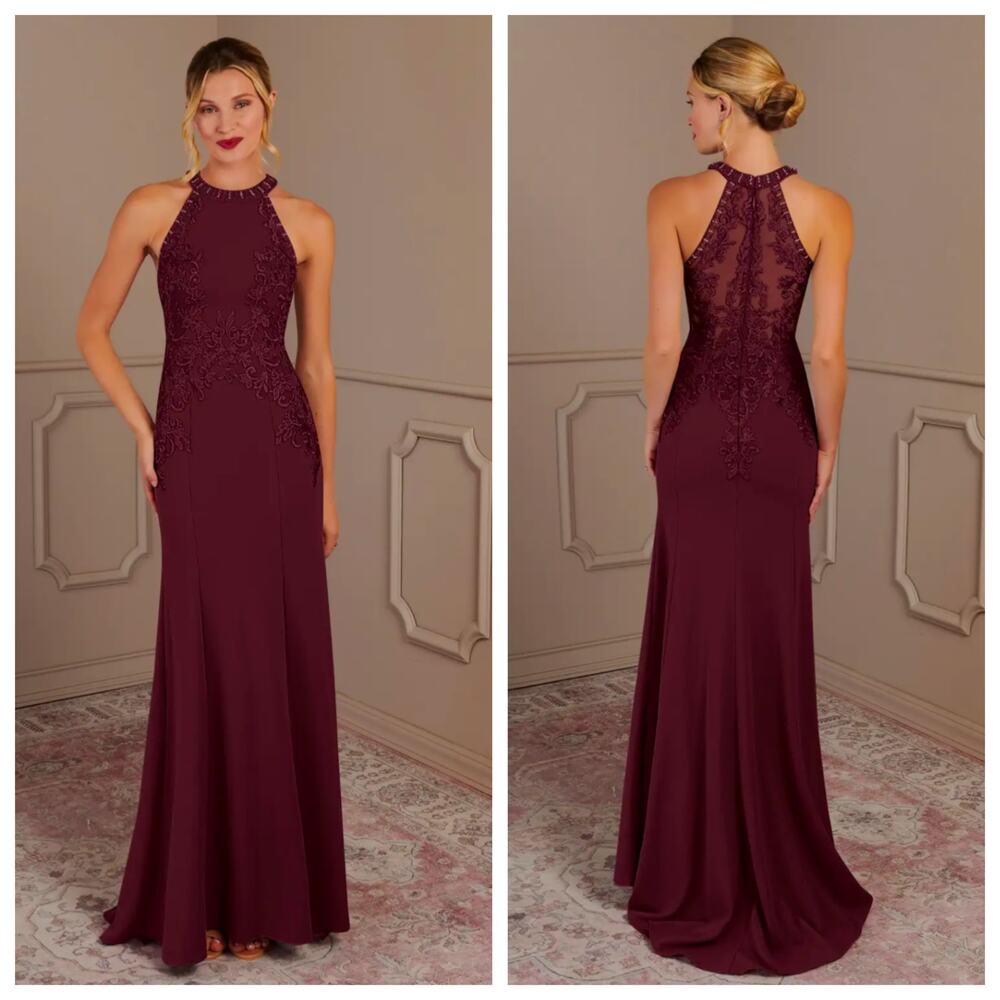 Azazie Burgundy Lace Halter Bridesmaid Dress A10 Formal Evening Gown NWT